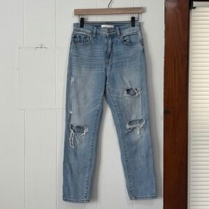 Eunina Tobi Super High Rise Mom Jeans Light Wash Distressed Cropped Size 3